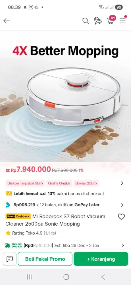 Robot Vacuum Cerdas Roborock S7 mulus