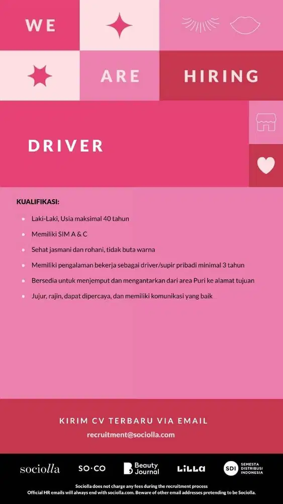 LOWONGAN KERJA DRIVER PT SOCIAL BELLA INDONESIA