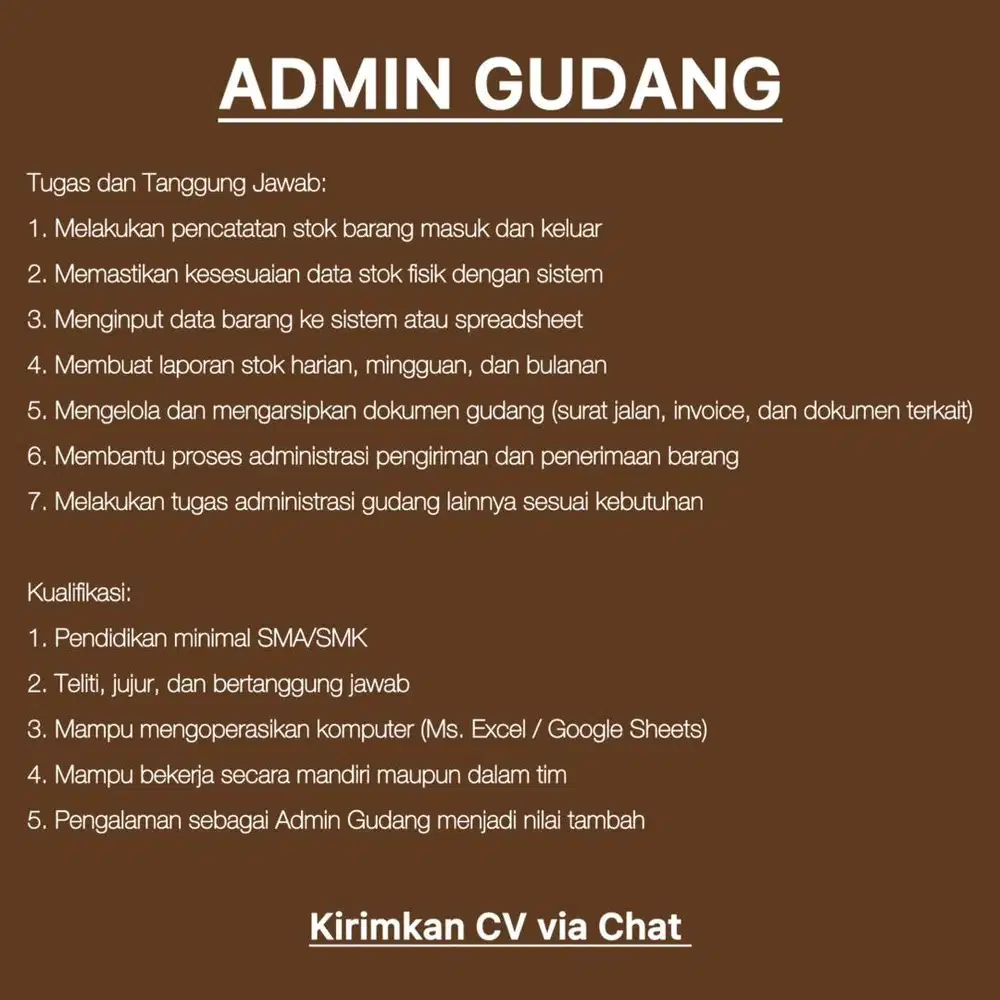 Lowongan Pekerjaan: Admin Gudang