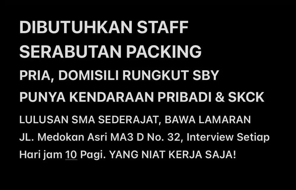 DIBUTUHKAN STAFF SERABUTAN PACKING