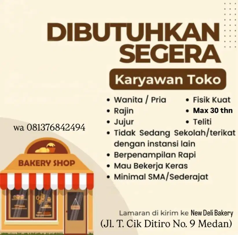 Lowongan Kerja Pegawai Toko Roti