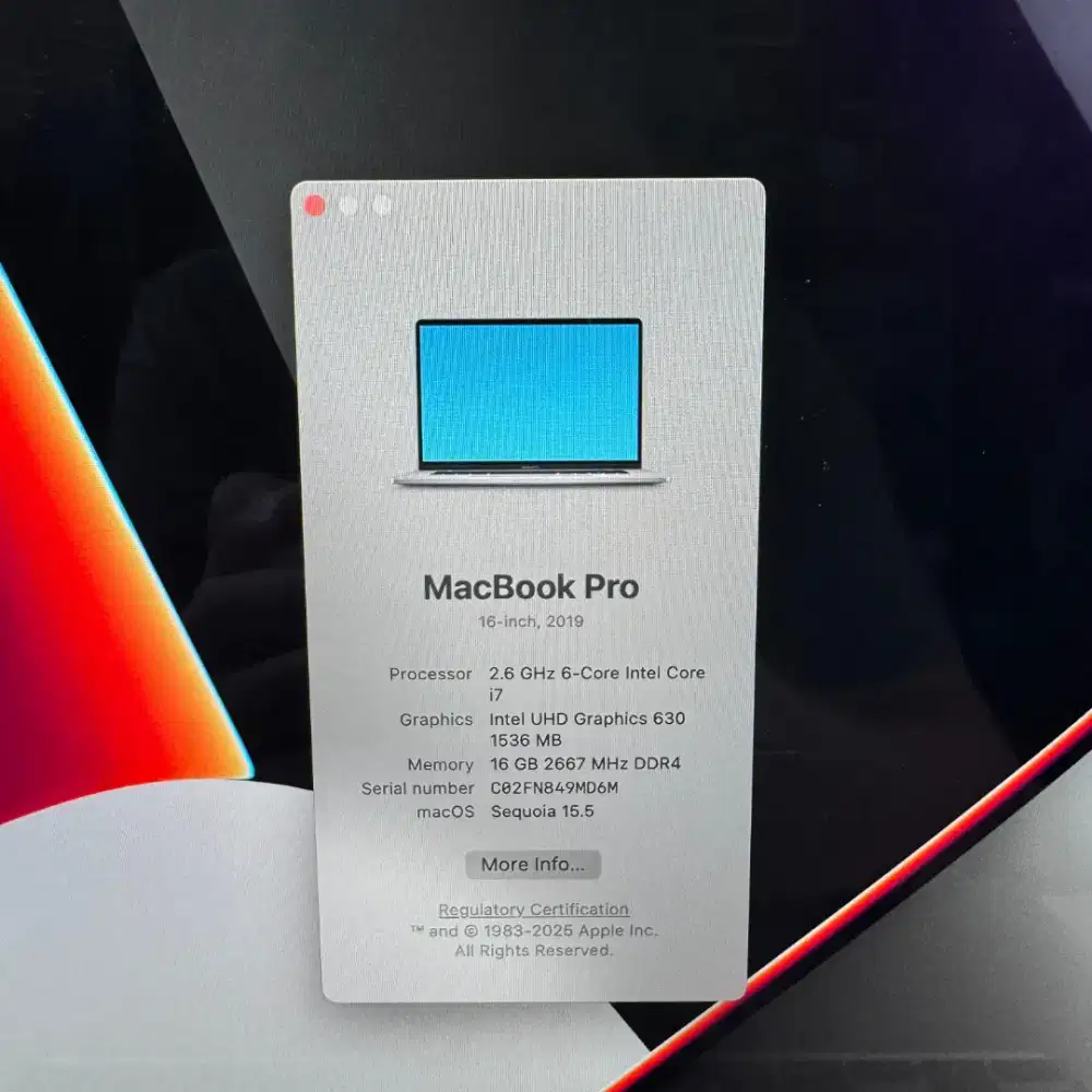 Macbook Pro 2019 Core I7 layar 16 Inch Ram 16 Ssd 512 Space Grey buat