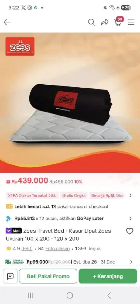 Matras / Kasur lipat merk ZEES empuk  90 x 200 x 5 cm