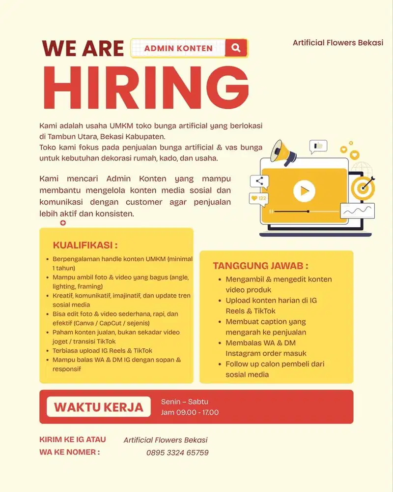 Di cari admin konten kreator bunga artificial tambun bekasi