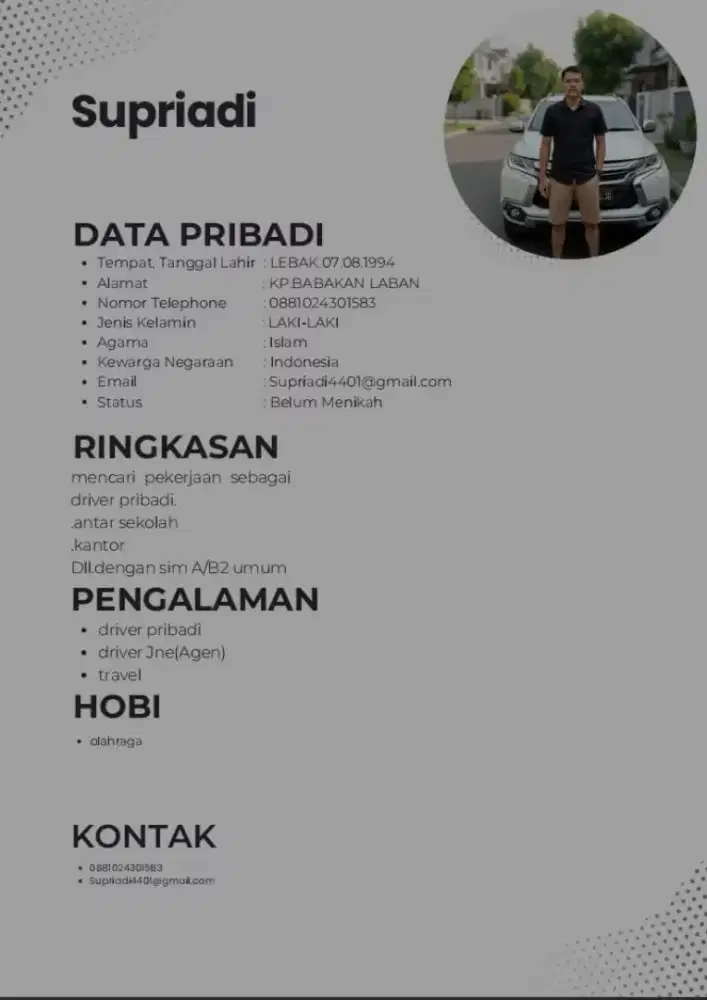 Mencari kerja supir/driver SIM.ktp.kk.ijazah SMP.