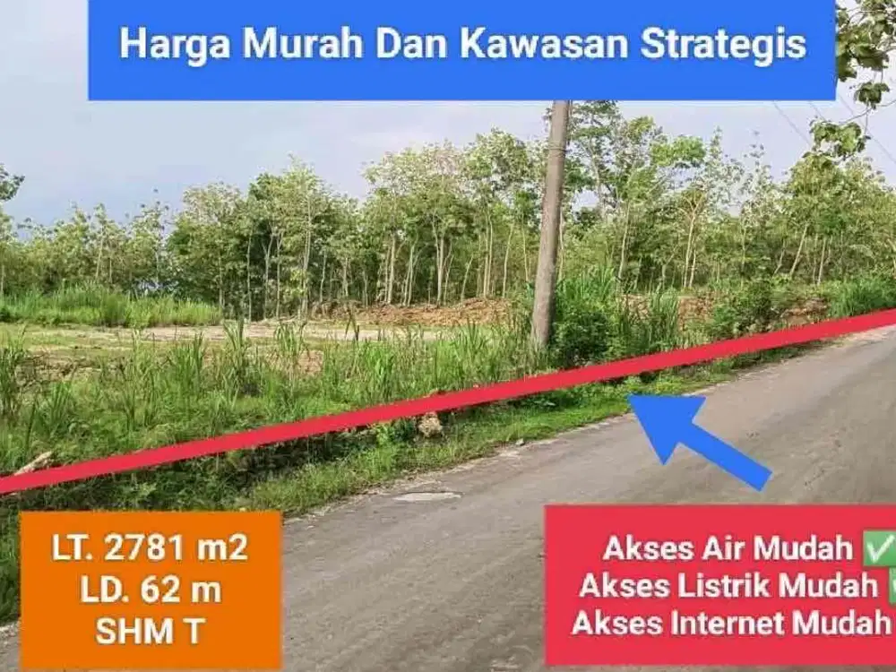 Jual tanah murah pinggir jalan raya wisata goa pindul Bejiharjo Gunung Kidul hanya 150 rb permeter luas 2710 m2