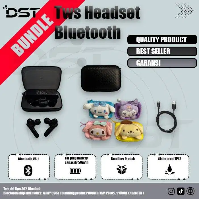 DST 302 Headset Bluetooth V5.1 Dengan Pouch Lucu True Wireless earpho