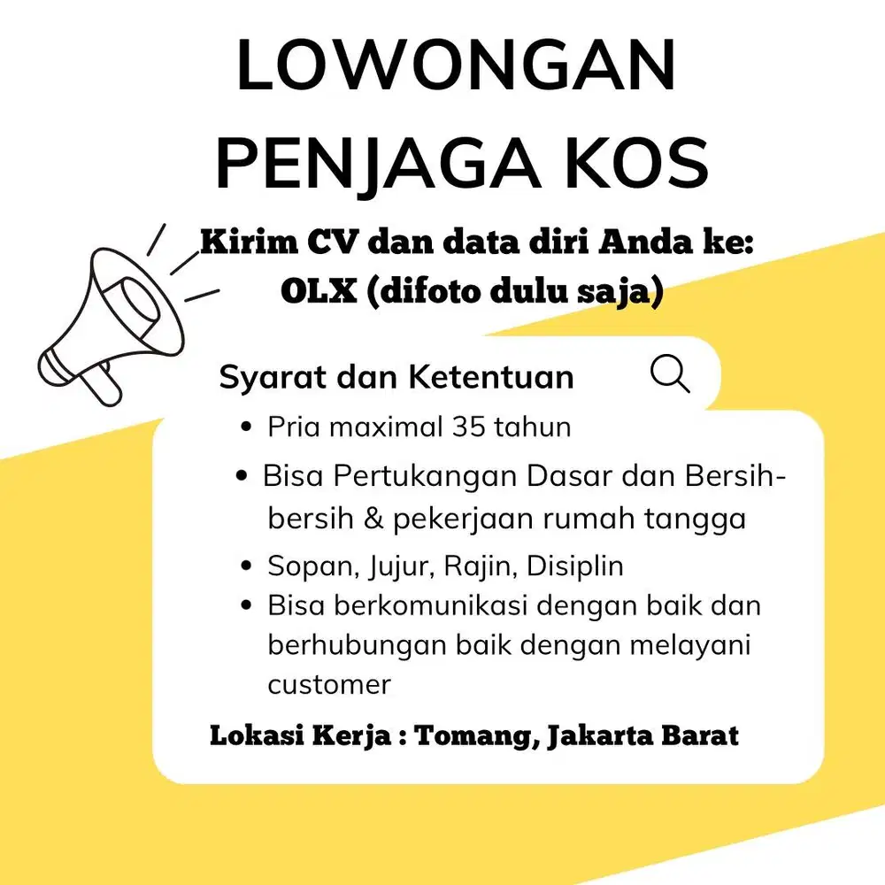 Lowongan Penjaga Kos (Bisa Pertukangan Dasar)