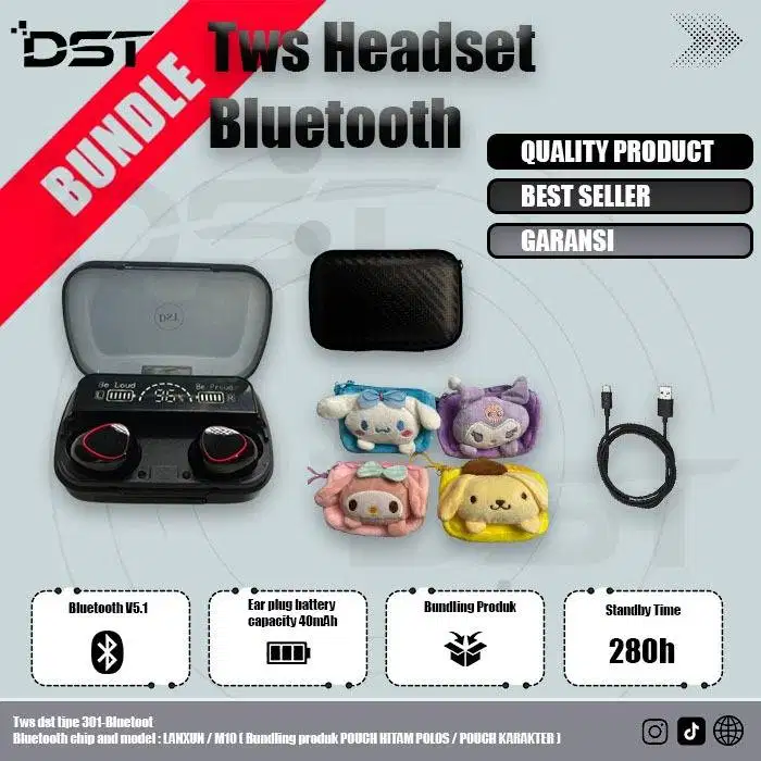 DST 301 Headset Bluetooth V5.1 Dengan Pouch Lucu True Wireless