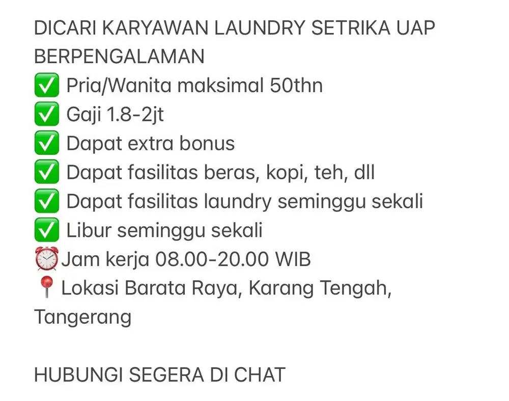 LOKER LAUNDRY SETRIKA UAP TANGERANG
