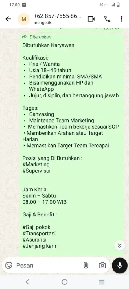 Di cari SPV dan sales usia ga masalah minimal SMK /smu