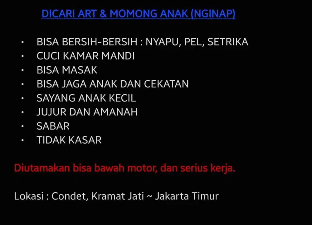Cari ART yang bisa nginep