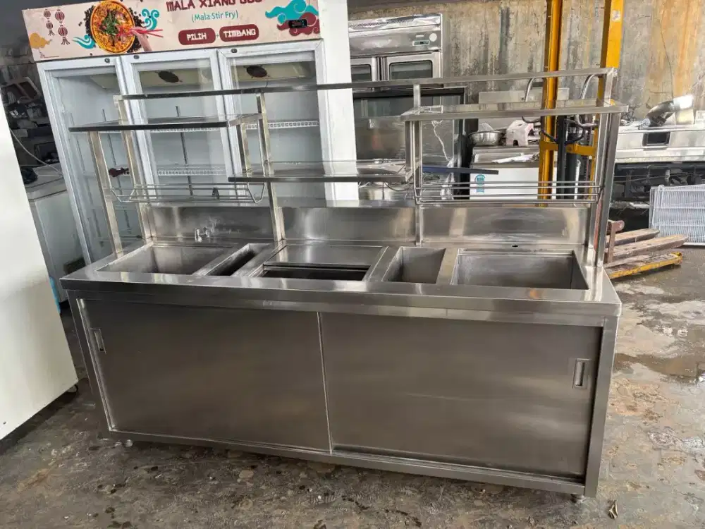 Doble sink+ice bin with uper shelf
Uk 200x70x85 uper 200x35x65