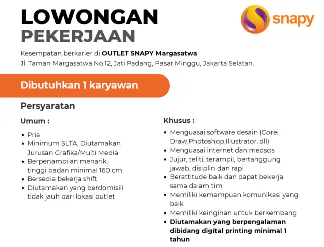 LOWONGAN KERJA DESKPRINT DIGITAL PRINTING SNAPY MARGASATWA