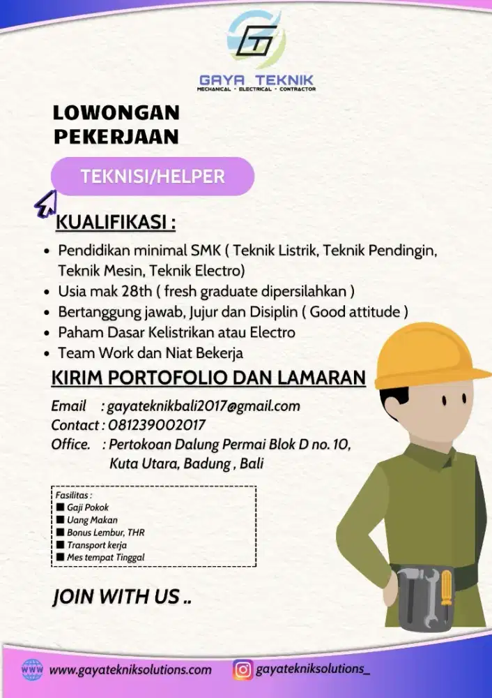 LOKER TEKNISI / HELPER AC DAN LISTRIK