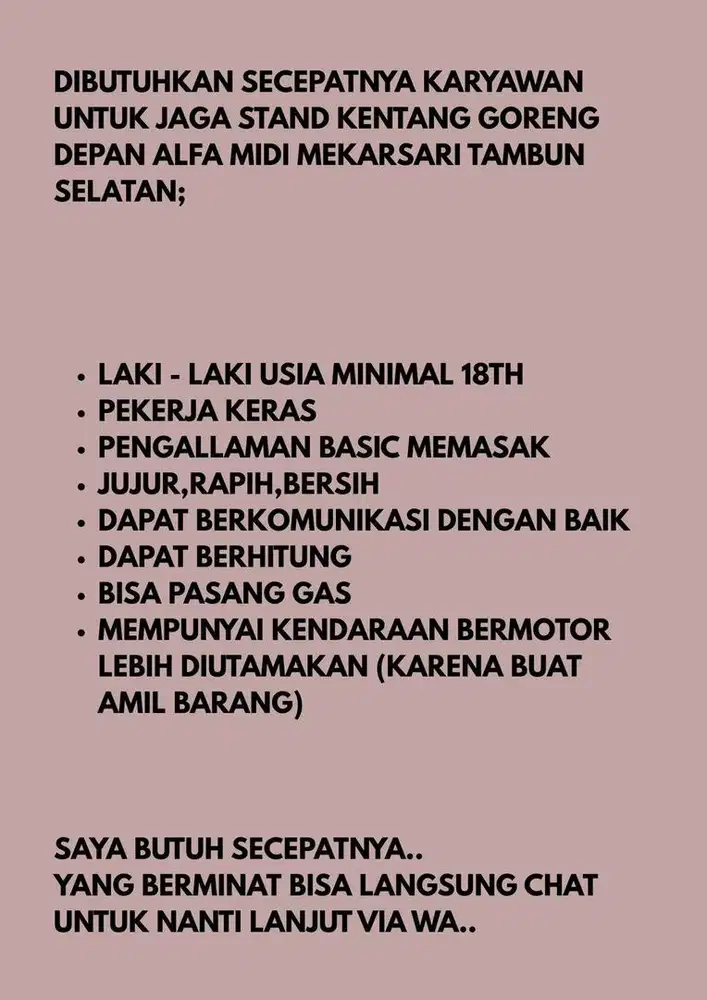 Dibutuhkan segera karyawan