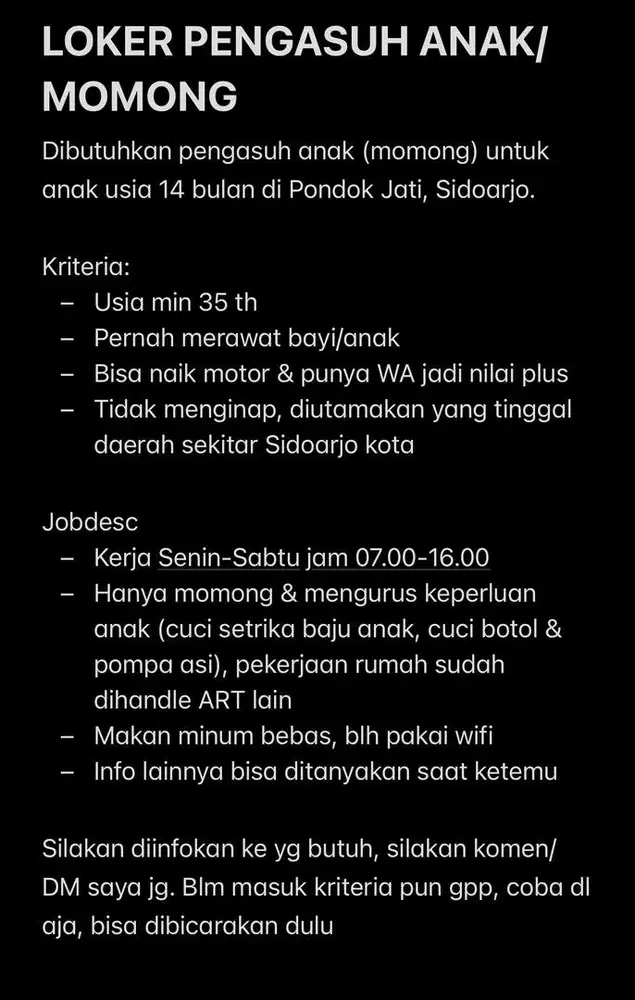 LOKER PENGASUH ANAK / MOMONG SIDOARJO KOTA