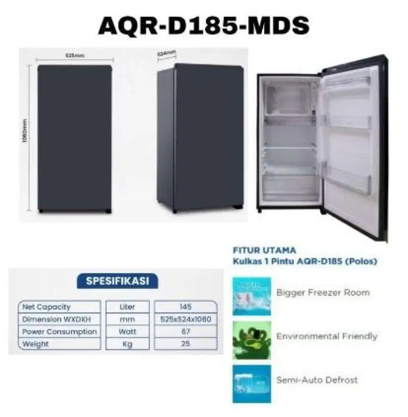 Kulkas 1 Pintu AQUA AQR-D185 (MDS): IDN