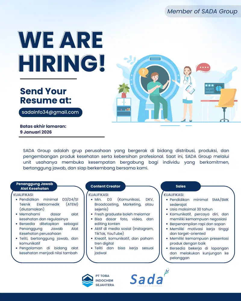 Lowongan Kerja Sales, Content Creator & PJ Alat Kesehatan – SADA Group