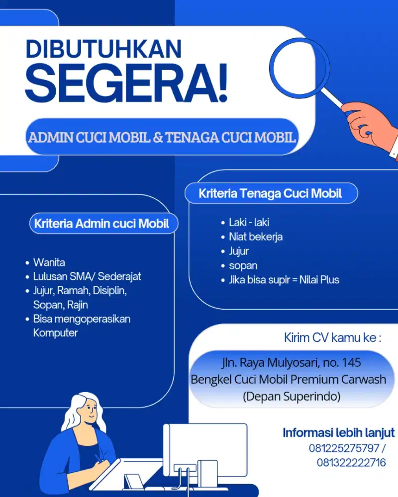 Dibutuhkan admin dan tenaga cuci mobil