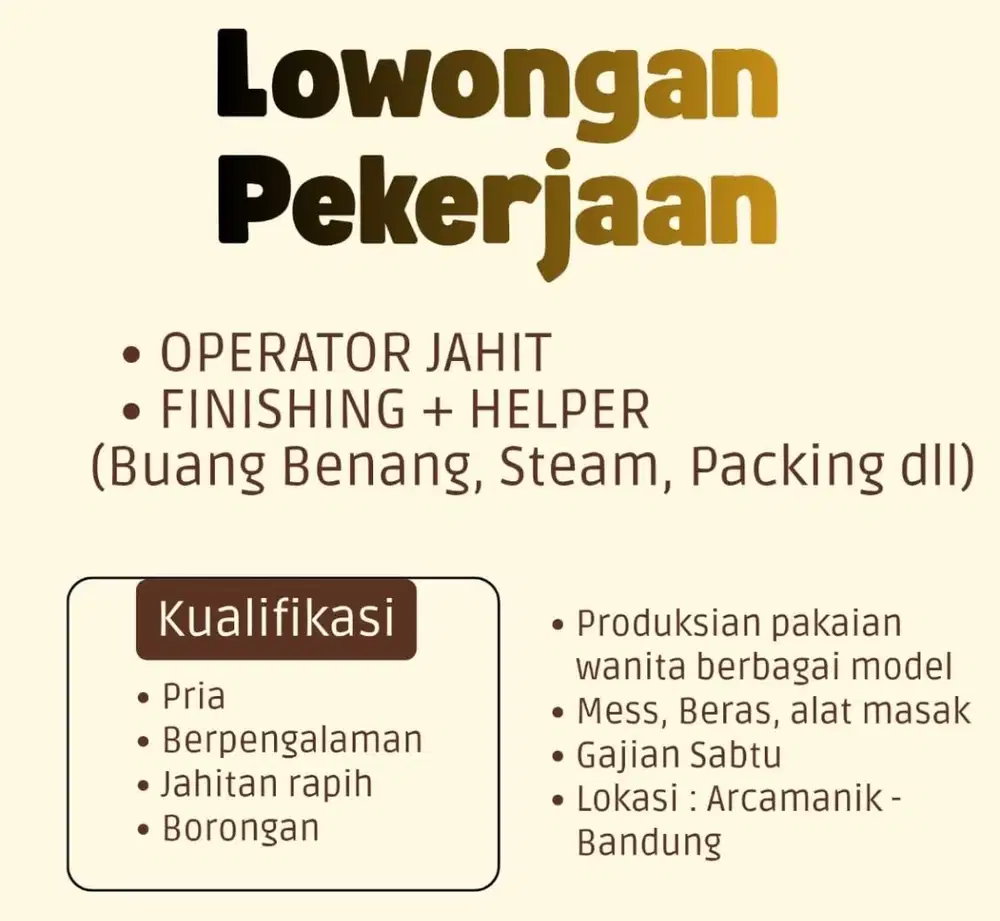 LOWONGAN KERJA OPERATOR JAHIT DAN FINISHING