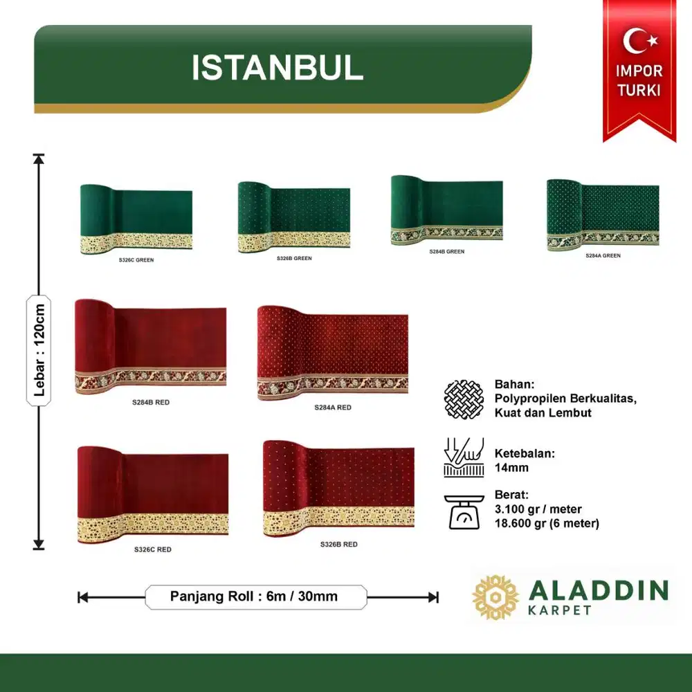 Karpet Masjid IMPORT Istanbul - Meteran Permeter Merah Hijau