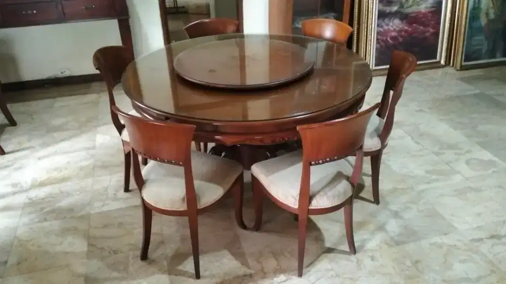 Meja bulat jati besar diameter 160 cm dengan 6 kursi