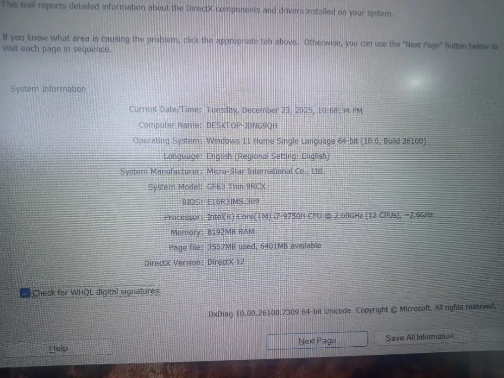 MSI GF63 Thin 9RCX core i7-9750h 8gb/256 ssd RTX 1050 Ti 4gb