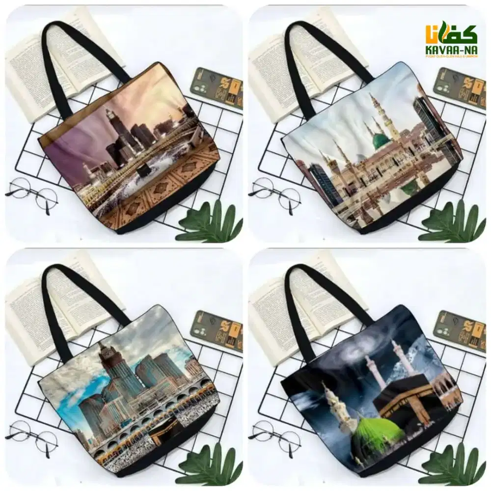 Totebag Kain Kanvas Motif Makkah Madinah | Tas Souvenir Haji Umroh