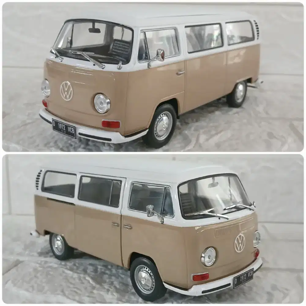 Diecast/Miniatur VW Kombi Kumis Microbus White Light Brown skala 1:24