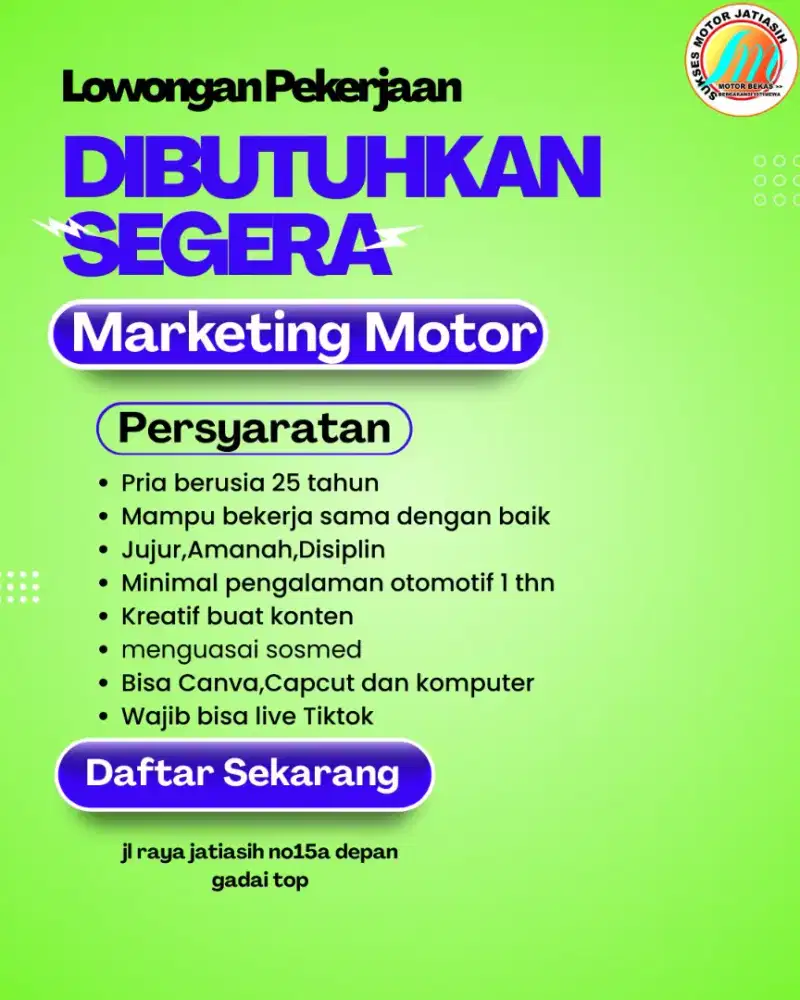 Lowongan marketing motor berpengalaman