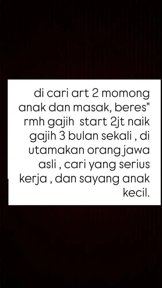 lowongan kerja untuk art di utamakan orang jawa