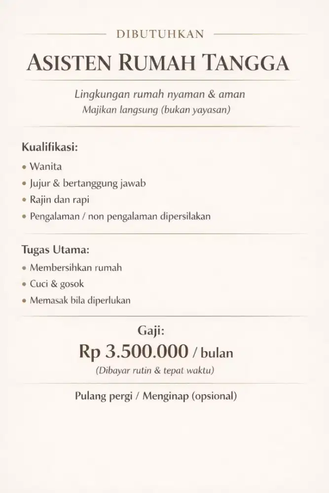 Dibutuhkan segera assisten rumah tangga