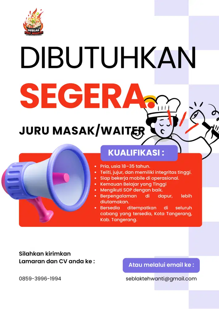 LOWONGAN KERJA / LOKER / COOK / KITCHEN / WAITER / PRIA