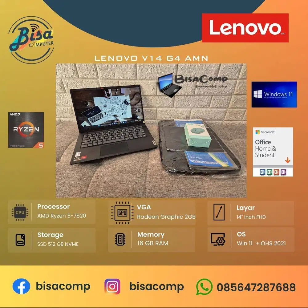 Lenovo V14 G4 AMN AMD Ryzen 5-7520u SSD 512gb Ram 16gb 14inchFHD
