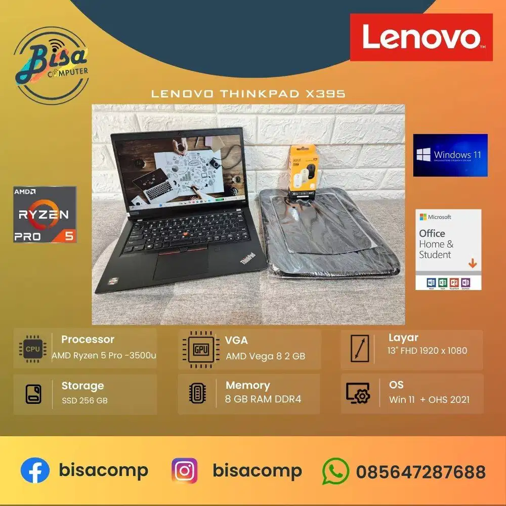 Lenovo Thinkpad X395 AMD Ryzen 5 Pro SSD 256gb Ram 8gb 14inchFHD