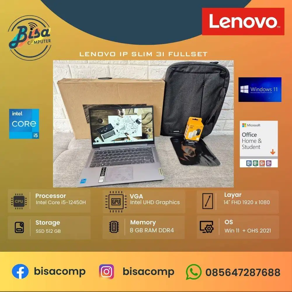 Lenovo Ideapad Slim 3i Core i5 12th Gen SSD 512gb Ram 8gb 14inchFHD