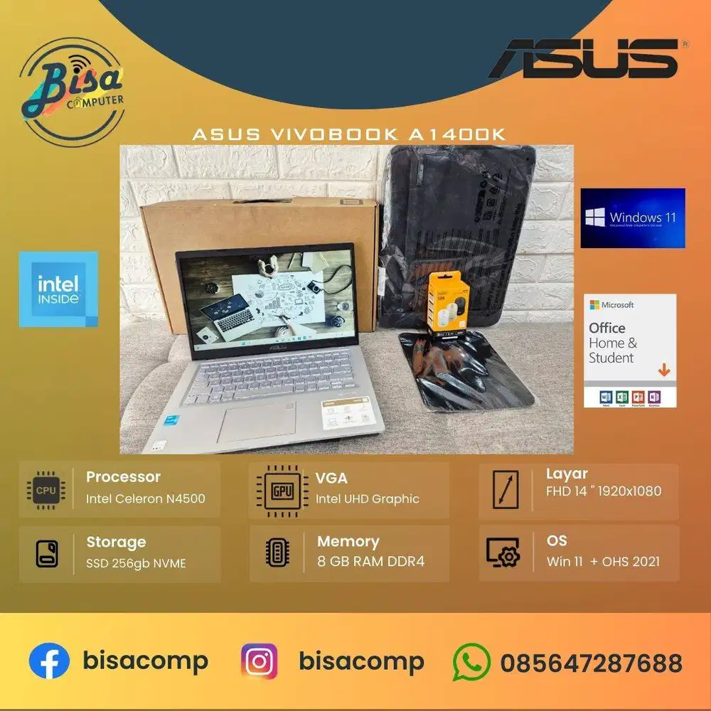 Asus Vivobook A1400K Intel N4500 SSD 256gb Ram 8gb 14inchFHD Backlit