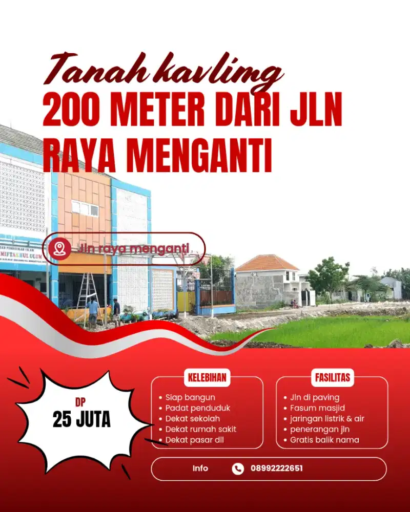 Tanah kavling selangkah dari jalan raya menganti