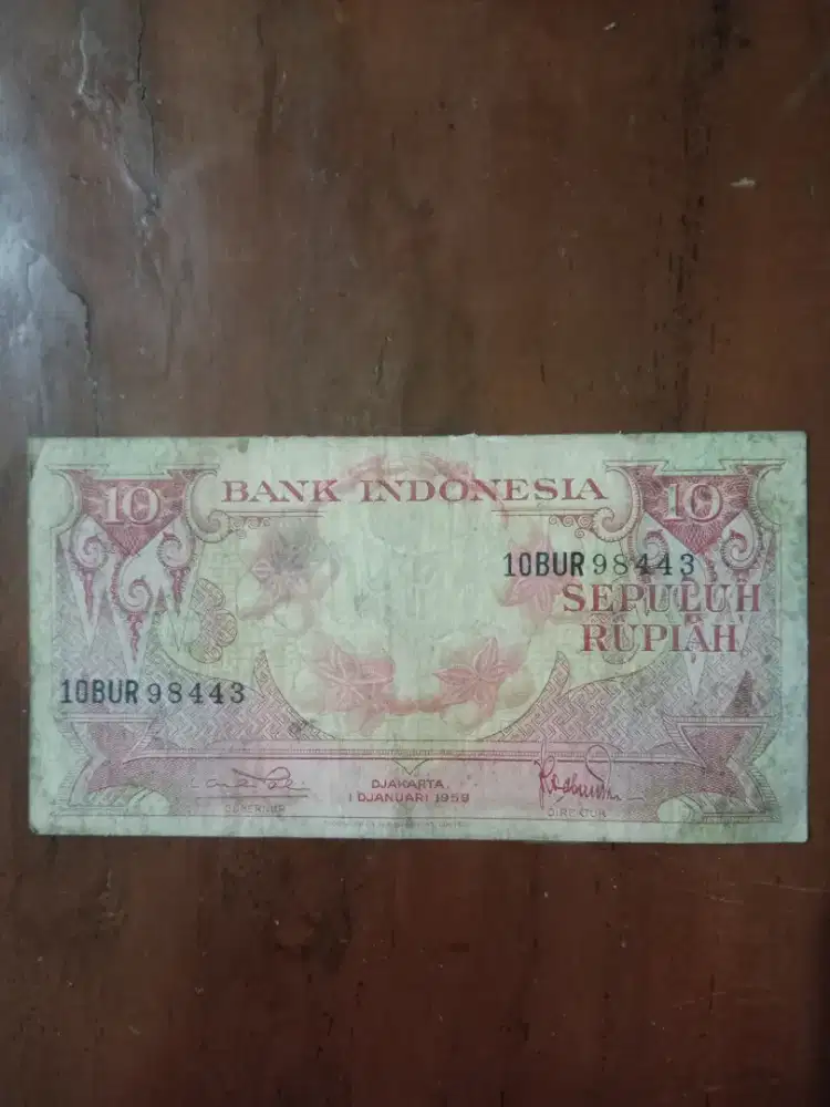 Uang Kertas Kuno 10 Rupiah Seri Bunga dan Burung Tahun 1959