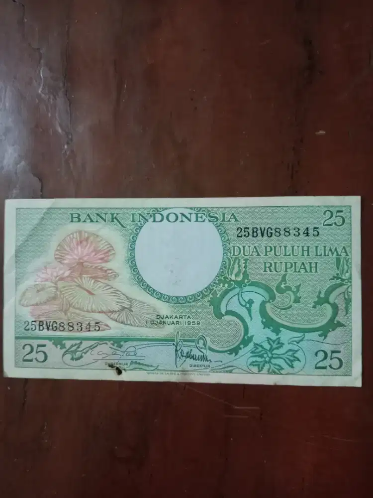 Uang Kertas Kuno 25 Rupiah Seri Bunga Dan Burung Tahun 1959