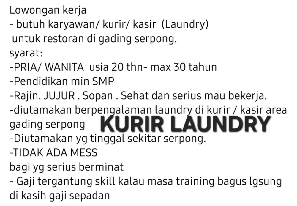 Lowongan keria KURIR KASIR - butuh karyawan Laundry gading serpong