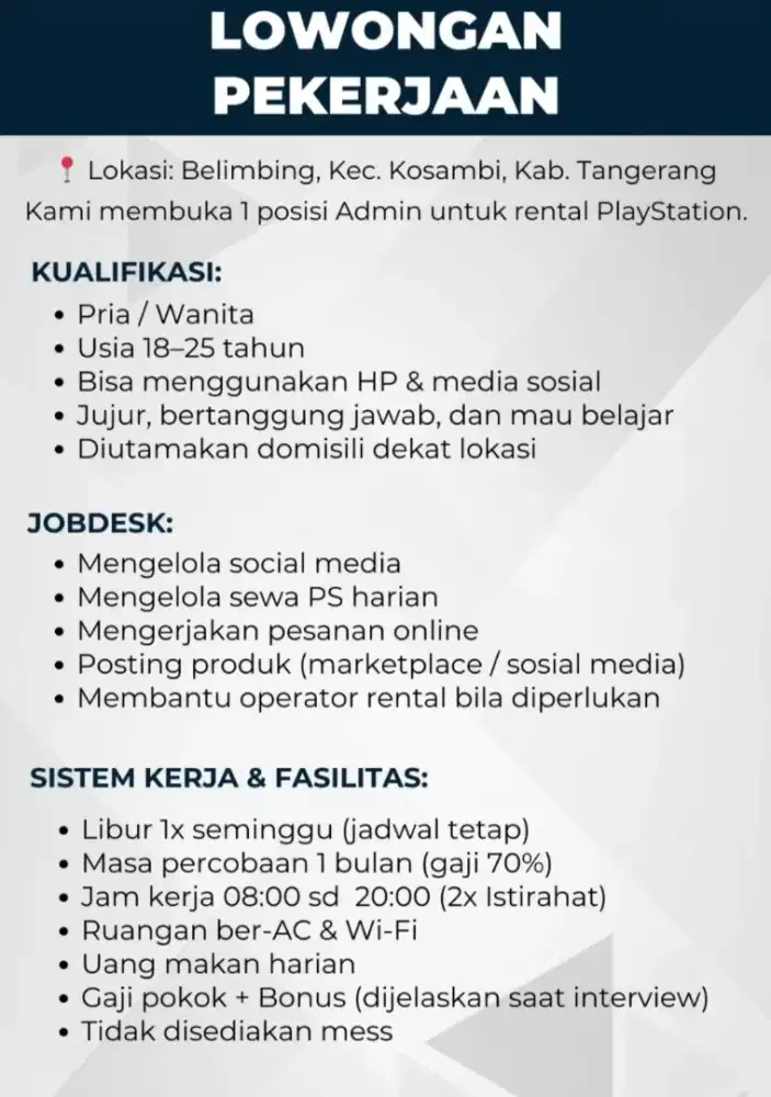 LOWONGAN KERJA – ADMIN RENTAL PS (ONLINE & OFFLINE)