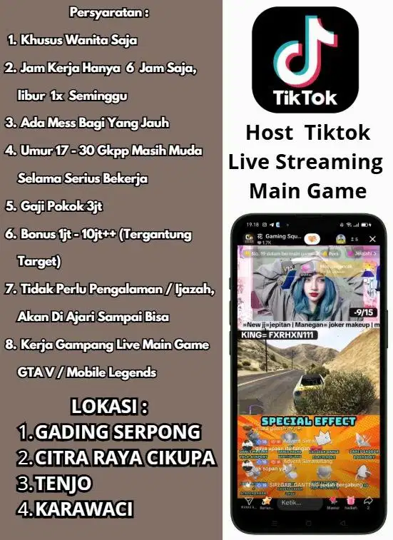 (Loker) Lowongan Kerja Host Live Tiktok Main Game