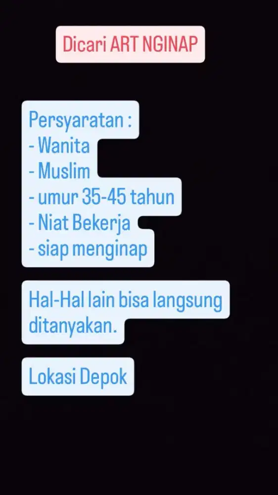 Dicari ART Nginap