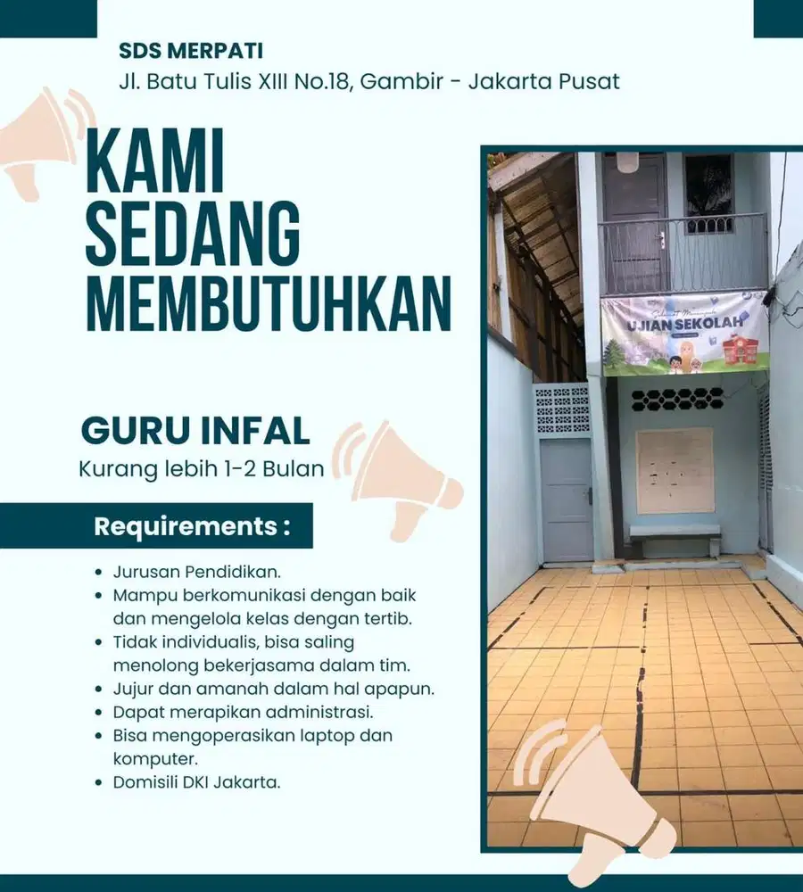 Dibutuhkan Guru Infal di SDS Merpati
