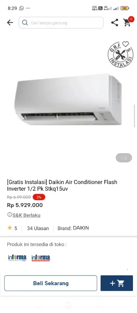 AC daikin 1/2 pk inverter bisa cicilan tanpa DP pakai indodana