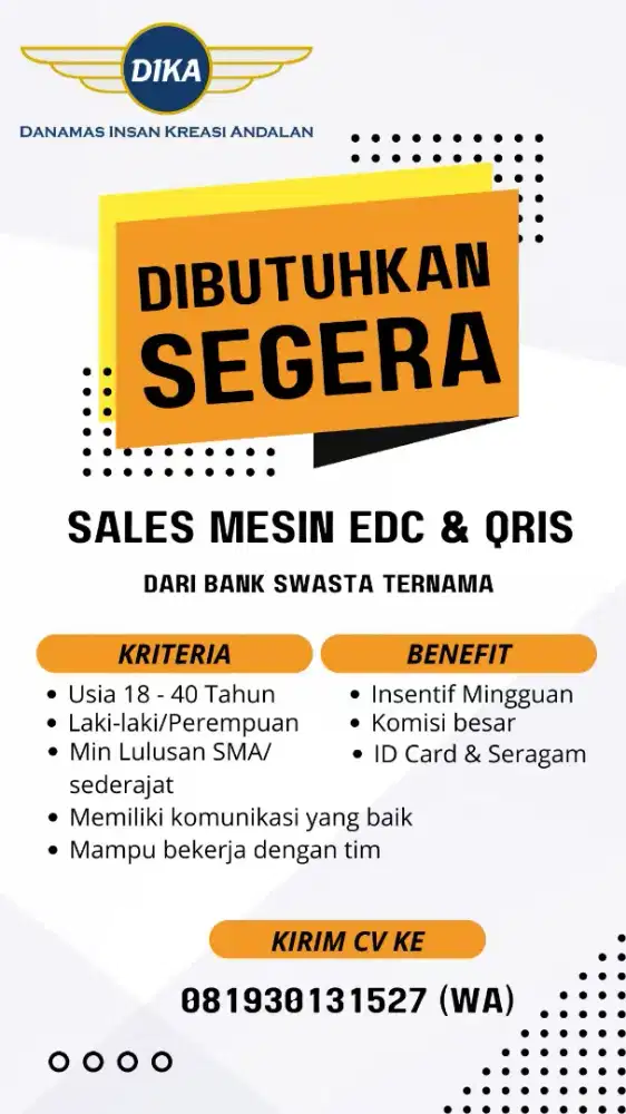 Dibutuhkan segera 25 Sales EDC dan QRis