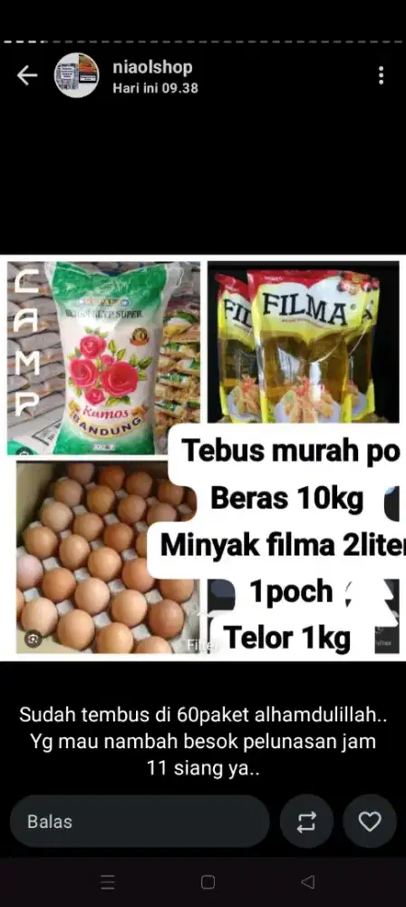 Jual paketan sembako enars, minyak, telur