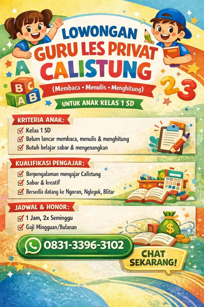 LOWONGAN GURU LES PRIVAT CALISTUNG (Membaca • Menulis • Menghitung)